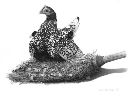 Small Scale art of a Silver Seabright hen with chicks on a broom